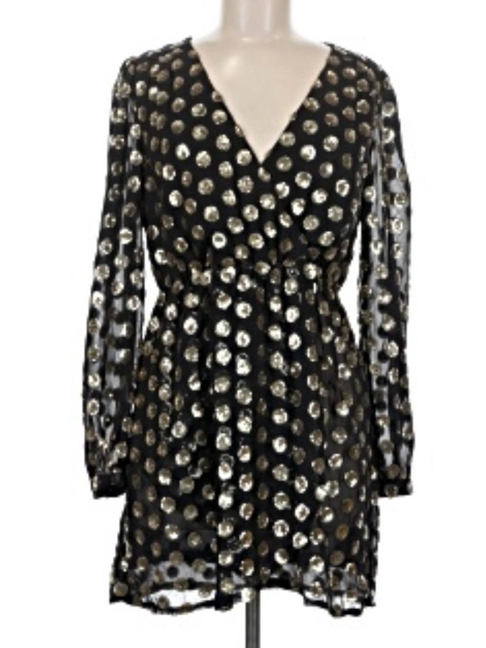 Black and Silver Polka Dot V-Neck Long Sleeve Dress